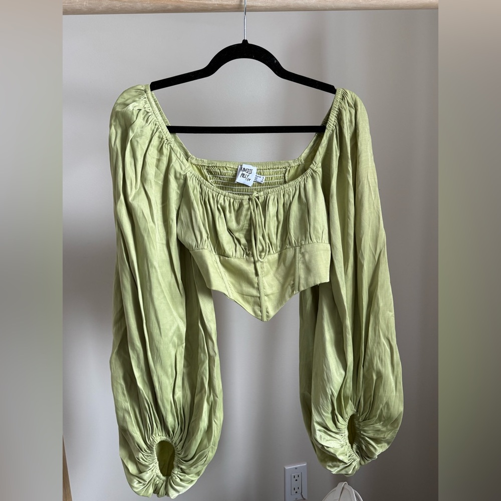 Princess Polly Light Olive Green Cropped Peasant Top with Balloon Sleeves